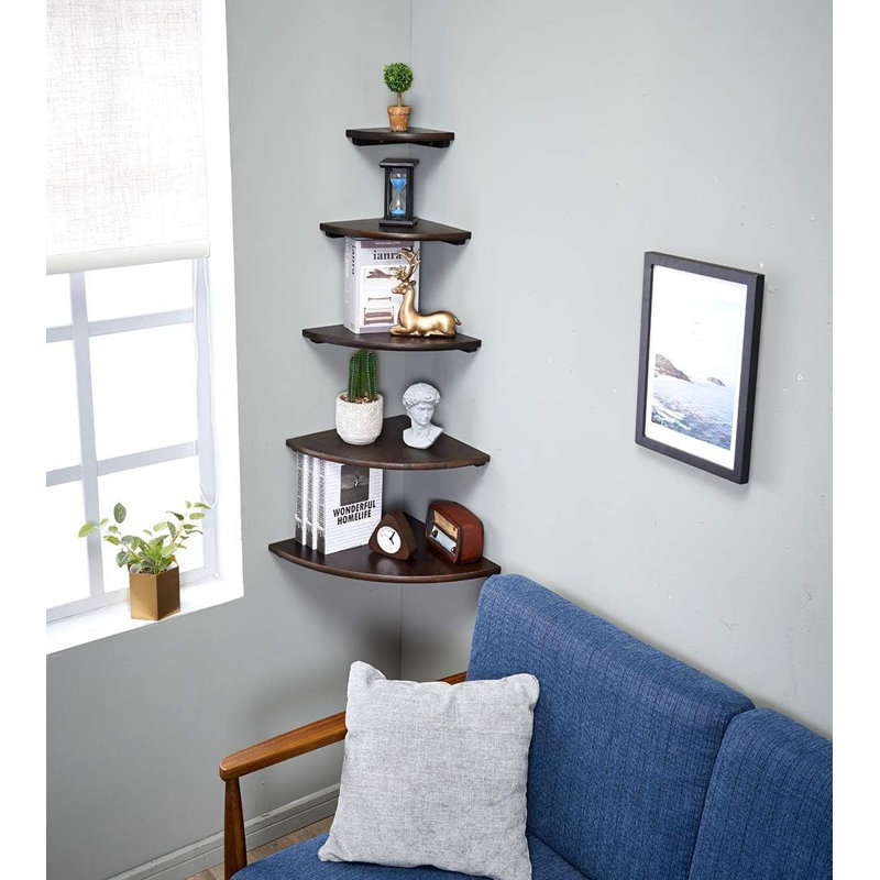 Solid Oak Wood Floating Corner Shelf Wall Mounted With Wire Hole For Small Plants, Photos, Speakers - Perfect For Bedroom, Kitchen, Living Room