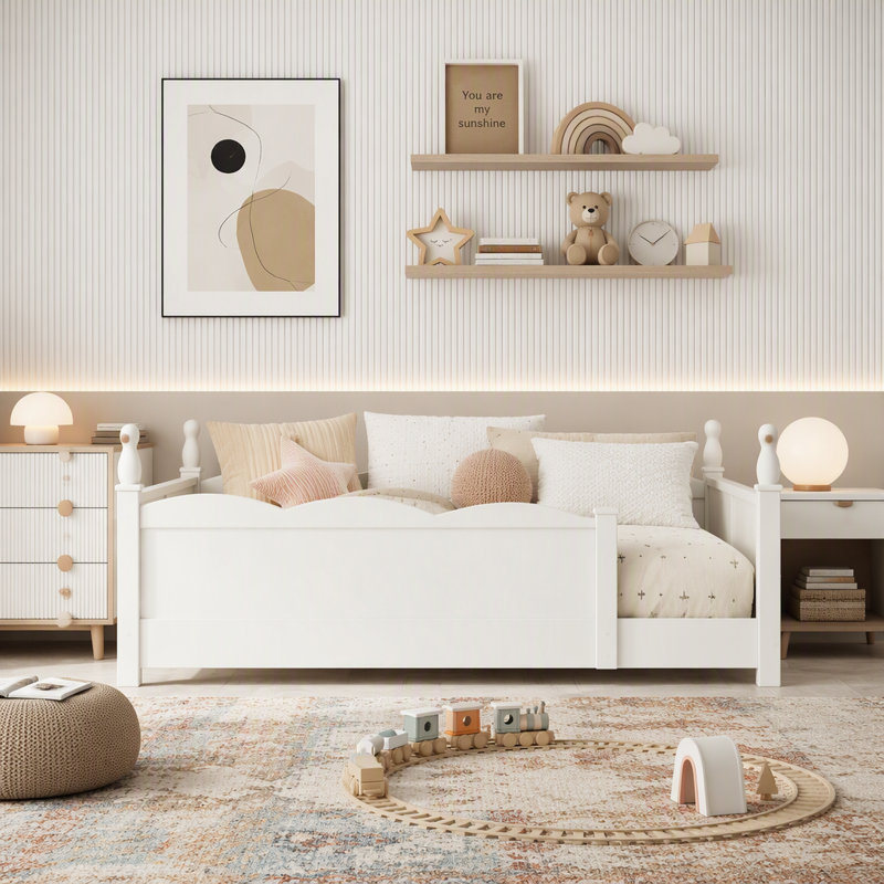 Lit double Montessori avec garde-corps et bibliothèque, Double, Beige