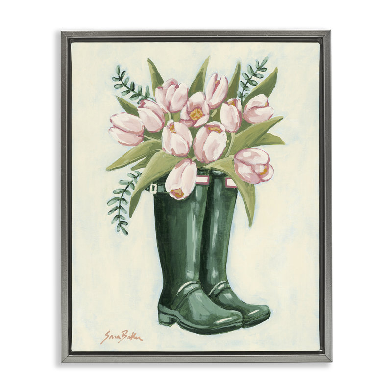Cadre flottant tulipes dans des bottes de pluie, design par Sara Baker, H 21 po x l 17 po, Cadre flottant gris lustré