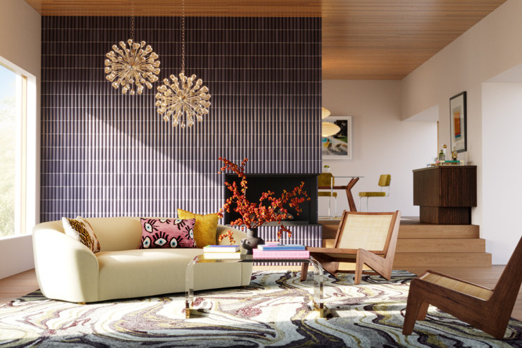 60s-inspired living room with a purple accent wall and rounded beige sofa