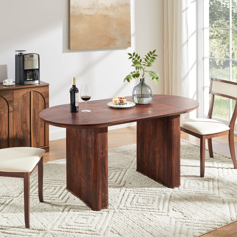 63" Fluted Oval Dining Table Double Pedestal Kitchen Table For 4-6 , Walnut