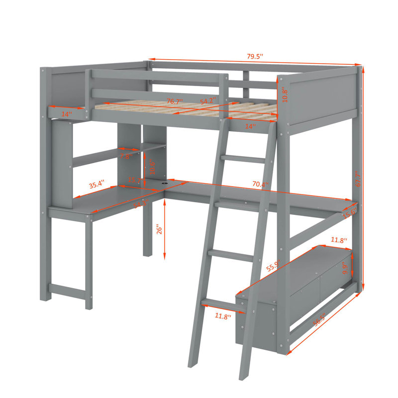 Lit mezzanine double avec bureau en L à rangement multiple, lumière DEL et station de charge USB, banc de rangement avec 2 tiroirs