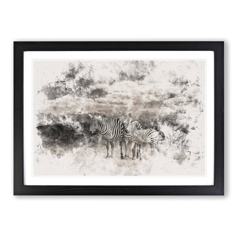 Three Zebras in the Wild Watercolour - Picture Frame Graphic Art Print, 36cm H x 48cm W x 2cm D, Black Framed