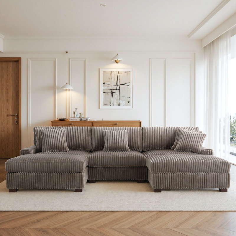5 Seater Sofa & Chaise, Light Brown Polyester/Foam Padding