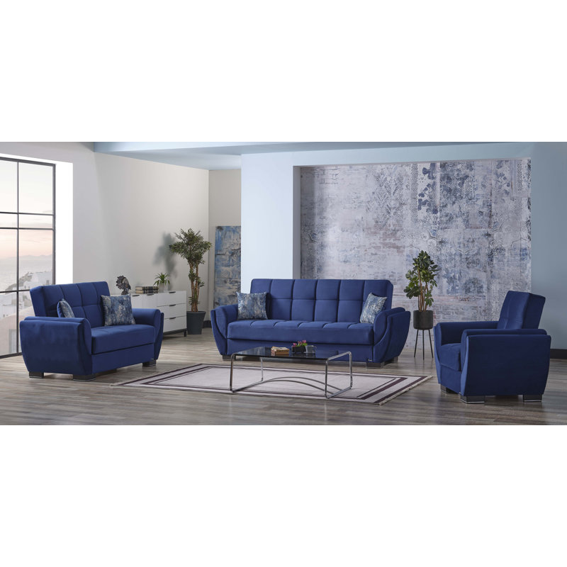 Oliveras 65 in. Fabric Upholstered 2-Seater 3-in-1 Sleeper Loveseat Sofa Bed with Storage, Blue Microfiber