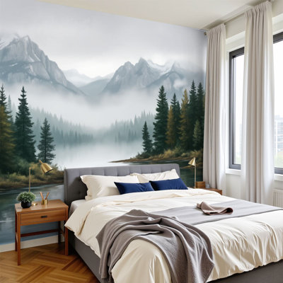 Peel and Stick Wallpaper Serene Mountain Landscape Misty River Pine Trees Peaceful Landscape Wall Murals 100"H x 144"W Removable PVC Wall Paper Self-Adhesive Wall Decor for Bedroom Living Room Home Office