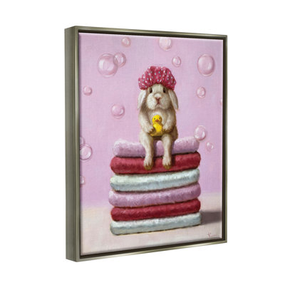 Mignon bébé lapin sur des serviettes de bain, bulles de savon, art mural par Lucia Heffernan
