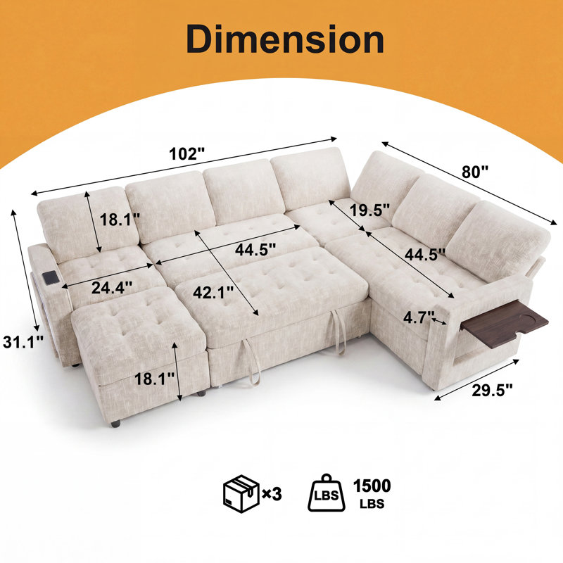 102" Modular Sectional Sleeper Sofa With Pull Out Bed/Reclining Backrest/Usb Ports/Table/Led Light/Storage Seat, 8 Seat Large U Shaped Sectional Couch, Tool-Free Assembly