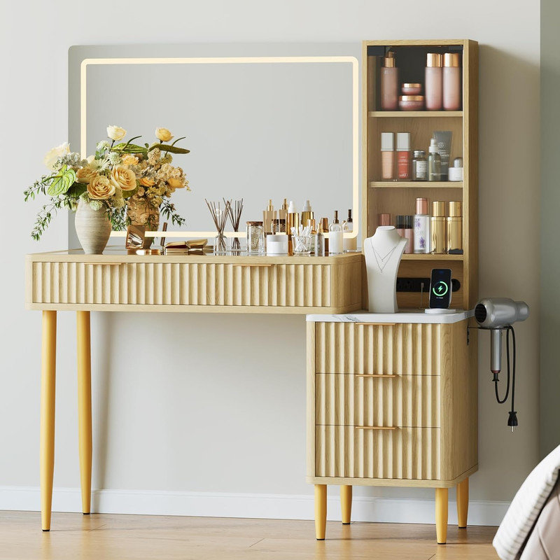 44" Makeup Vanity Desk with Lights, Fluted Wooden Dressing Table (Oak) - 5 Drawers, Adjustable Shelves, Modern Glass Top & Charging Station for Bedroom