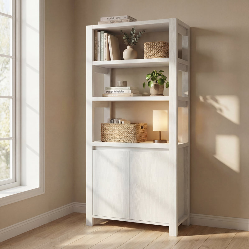  Grande bibliothèque en bois 67 po x l 31,5 po avec armoire de rangement à 2 portes de qualité supérieure pour les intérieurs de style campagne moderne et japonais, blanc