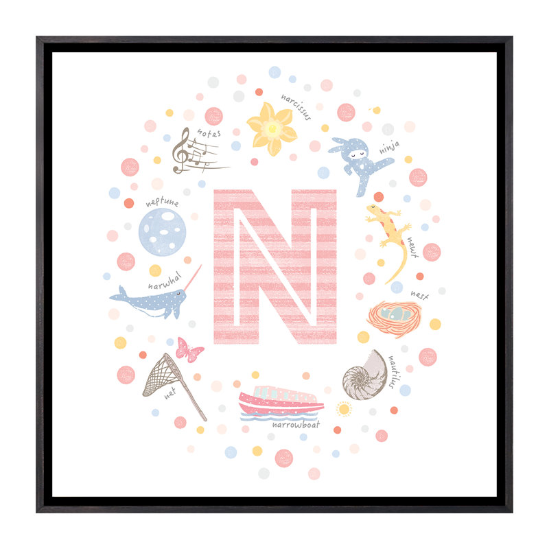 Lettre N rose illustrée, H 26 po x l 26 po x P 1,5 po, Toile avec cadre noir patiné, Pas de tapis