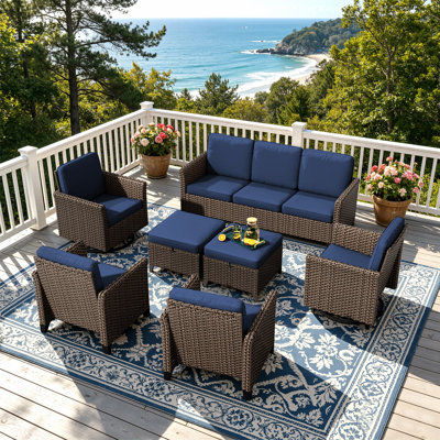 7-Piece Outdoor Wicker Sofa Set, All-Weather High Back with Comfy Cushions, 2 Single & 2 Swivel Chairs, 1 Three-Seat Sofa, 2 Ottomans