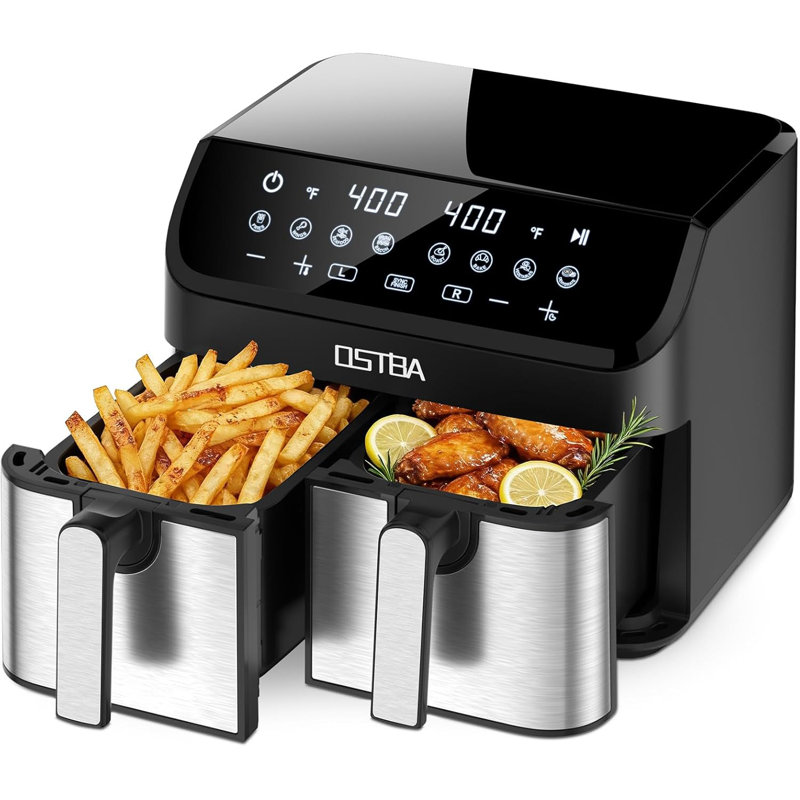 Friteuse à double air de 9,5 pintes, écran tactile numérique, finition synchronisée, 8 programmes prédéfinis, arrêt automatique