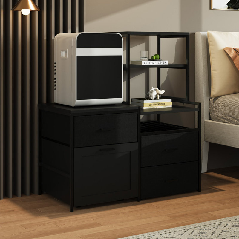Black Mini Fridge Stand with Wine Rack and Power Socket
