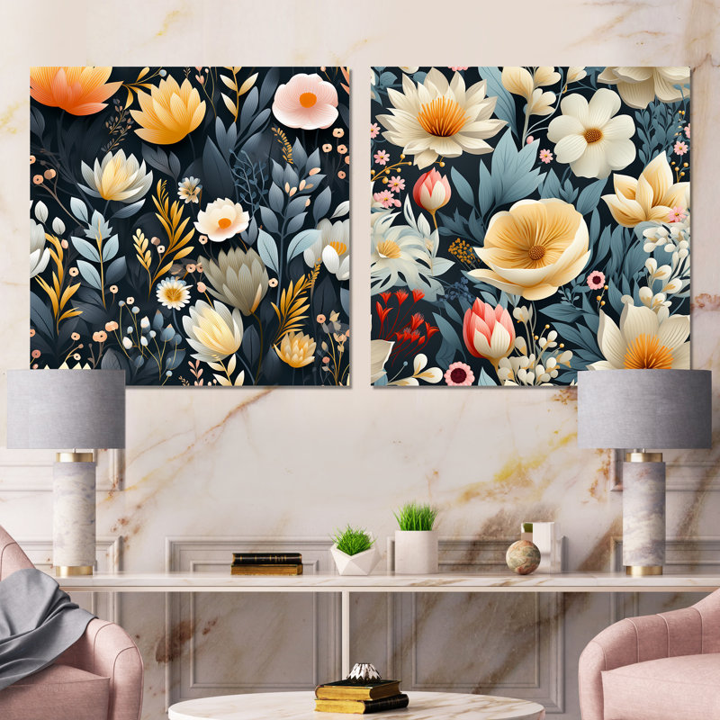 Chaudière - ensemble de 2 reproductions d'art sur toile florales, Toile tendue, H 36 po x l 73 po x P 1,5 po