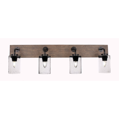 Oxbridge 4 Light Bath Bar Shown In Matte Black & Painted Distressed Wood-look Metal Finish With 6.25" Clear Bubble Glass