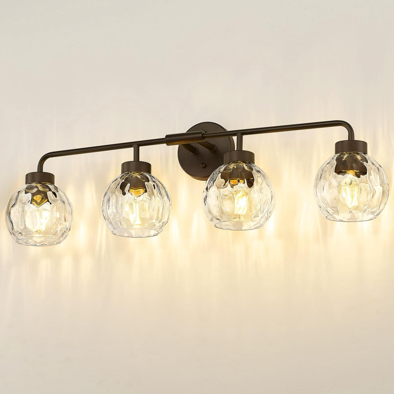 Éclairage pour salle de bain 4 lumières avec globe en verre ondulé, bronze huilé, Bronze frotté à l'huile, Quatre lumières