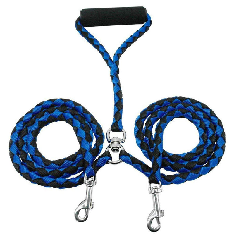 Laisse double pour deux chiens avec poignée rembourrée, Bleu