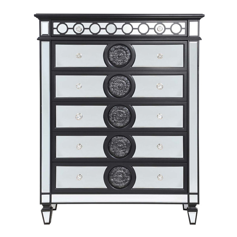 Commode 6 tiroirs Varian II, miroir, noir et argent