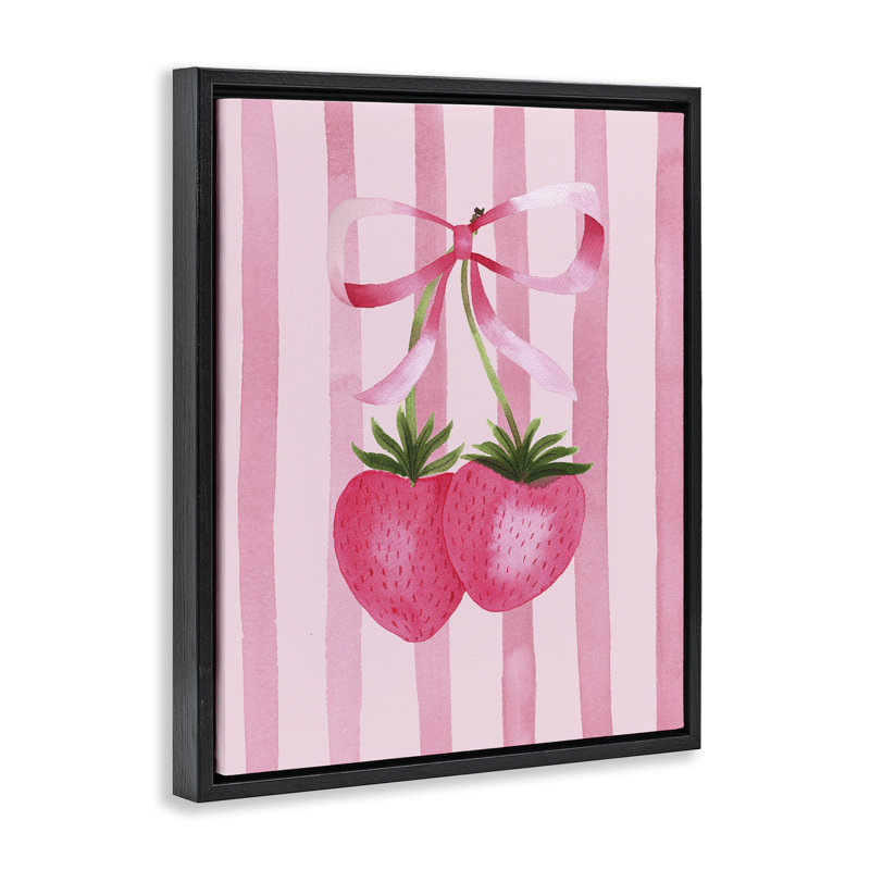 Cadre flottant Coquette Fraises sur rayures, design par Nina Jacobs, Cadre flottant noir de jais, H 21 po x l 17 po