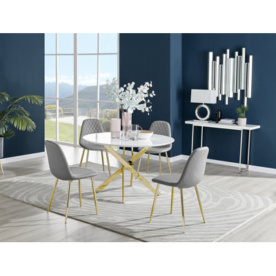 Tierra Sleek Gold and White Gloss Round Dining Table Set with 4 Luxury Faux Leather Dining Chairs