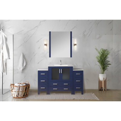 54 In. W Navy Blue Bath Vanity With Stainless Steel Faucet, Stain - Ceramic Top, And 28 Mirror Bathroom Faucet , Scratch Proof Wall
