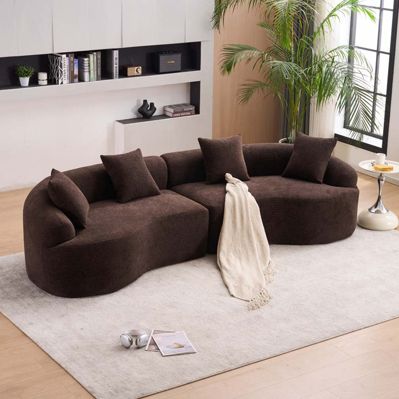 Boneless Curved Living Room Chenille Compression Sofa, Antique Brown