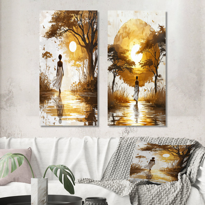 Voyage jaune en Afrique dans le désert du désert I - ensemble d'art mural paysage africain 2 pièces, H 28 po x l 24 po