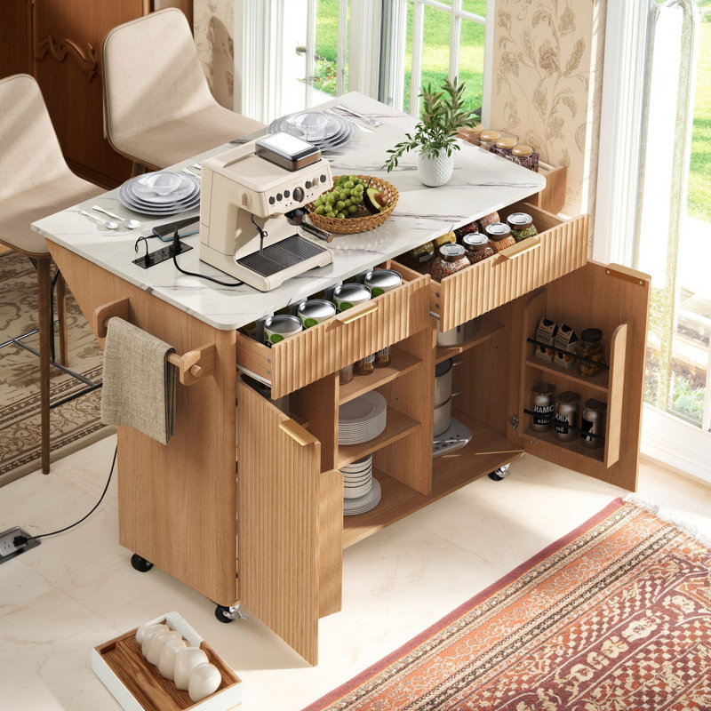 52" Luxury Fluted Kitchen Island with Drop Leaf & Power Station, Natural
