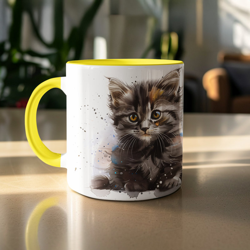 Cat Design 11oz Accent Mug – Ceramic Coffee Cup with Colored Handle and Interior, 2, Yellow