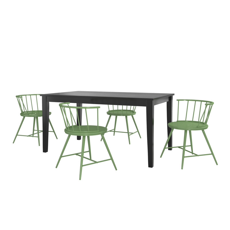 Stackhouse 60" Finish Dining Set - 5-Piece, Black Dining Table And Low Back Windsor Dining Chairs, Meadow Green