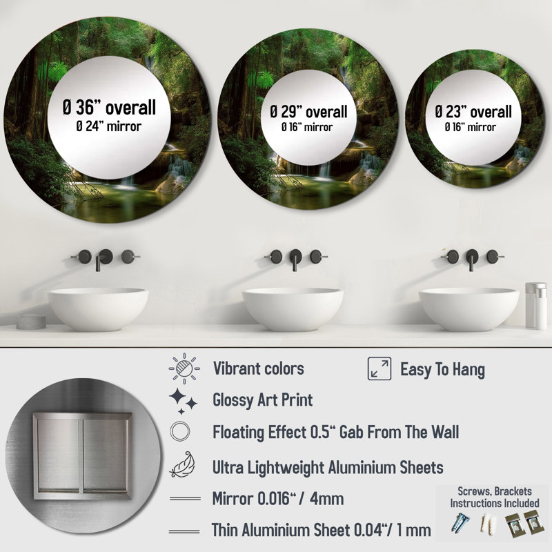 Guelfa Waterfall In Dense Forest I - Mountains Large Mirror, Green Round Unique Wall Mirror Decor, Printed Metal Art