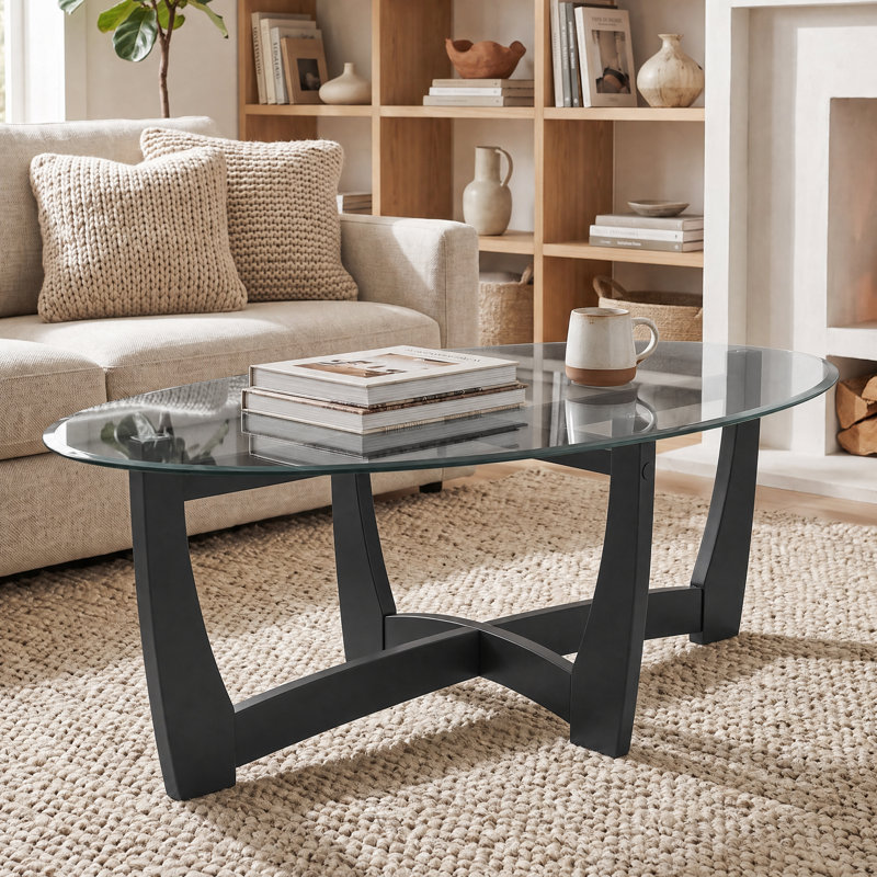 48" Oval Glass Coffee Table with Wood Base, Black, Black, Black