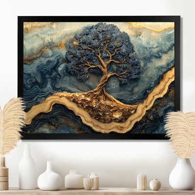 Blue Gold Tree Of Life In A Forest Landscape - Tree Of Life Framed Canvas Print