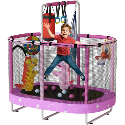  Trampoline ovale pour enfants 60 po, trampoline pour tout-petits d'intérieur et d'extérieur de 5 pi avec enceinte sécuritaire, barre de gymnastique ajustable, balançoire et jouets pour garçons et filles