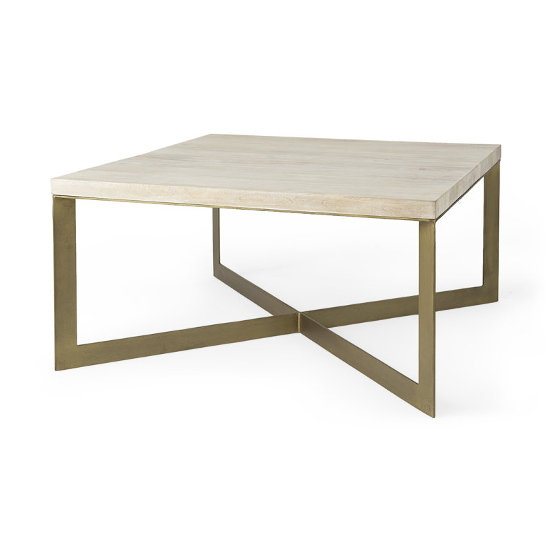 Table basse en bois brun clair et métal, Plateau brun clair / base bronze