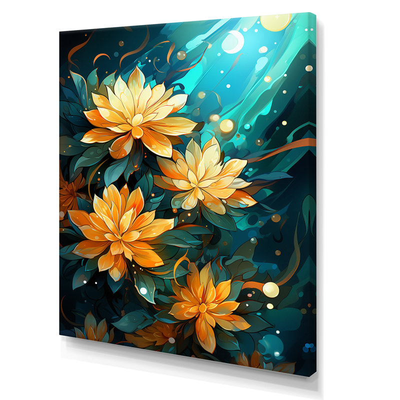 Fleurs de lys jaunes sur fond turquoise sur toile, 44" H x 34" W, Toile tendue