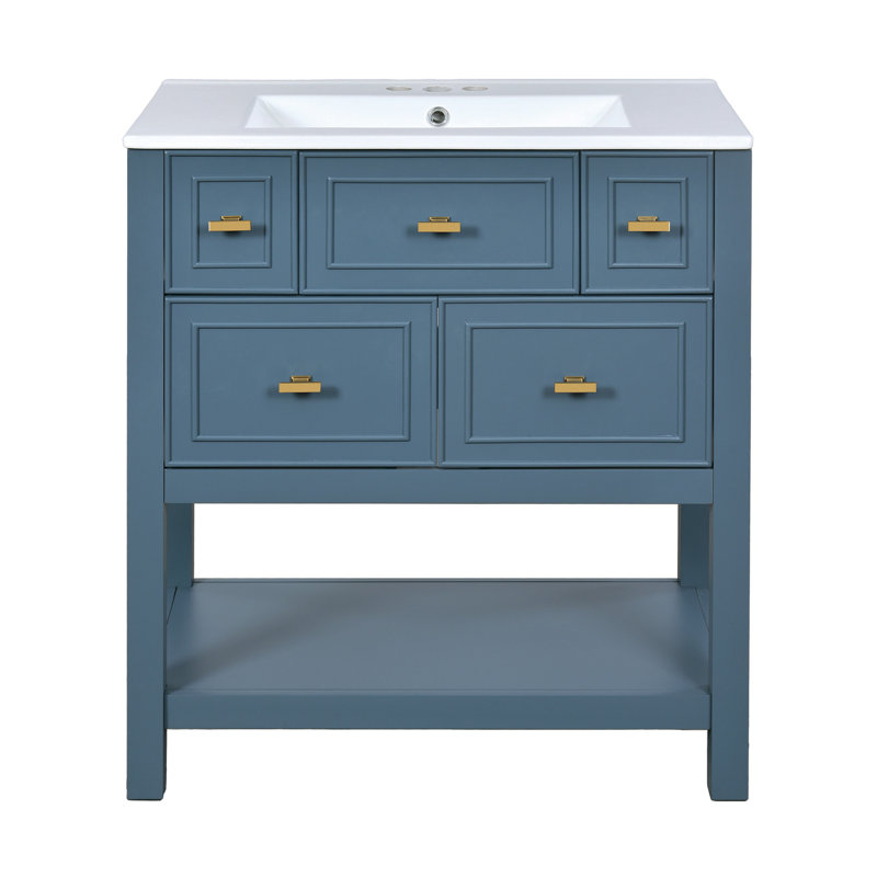 Meuble-lavabo 30 po avec lavabo en céramique - bleu, armoire en bois massif 5 tiroirs 30 po, Bleu