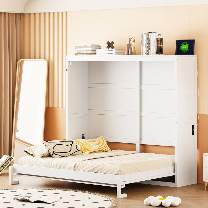 Lit escamotable double pleine grandeur, blanc, Lit double, Blanc
