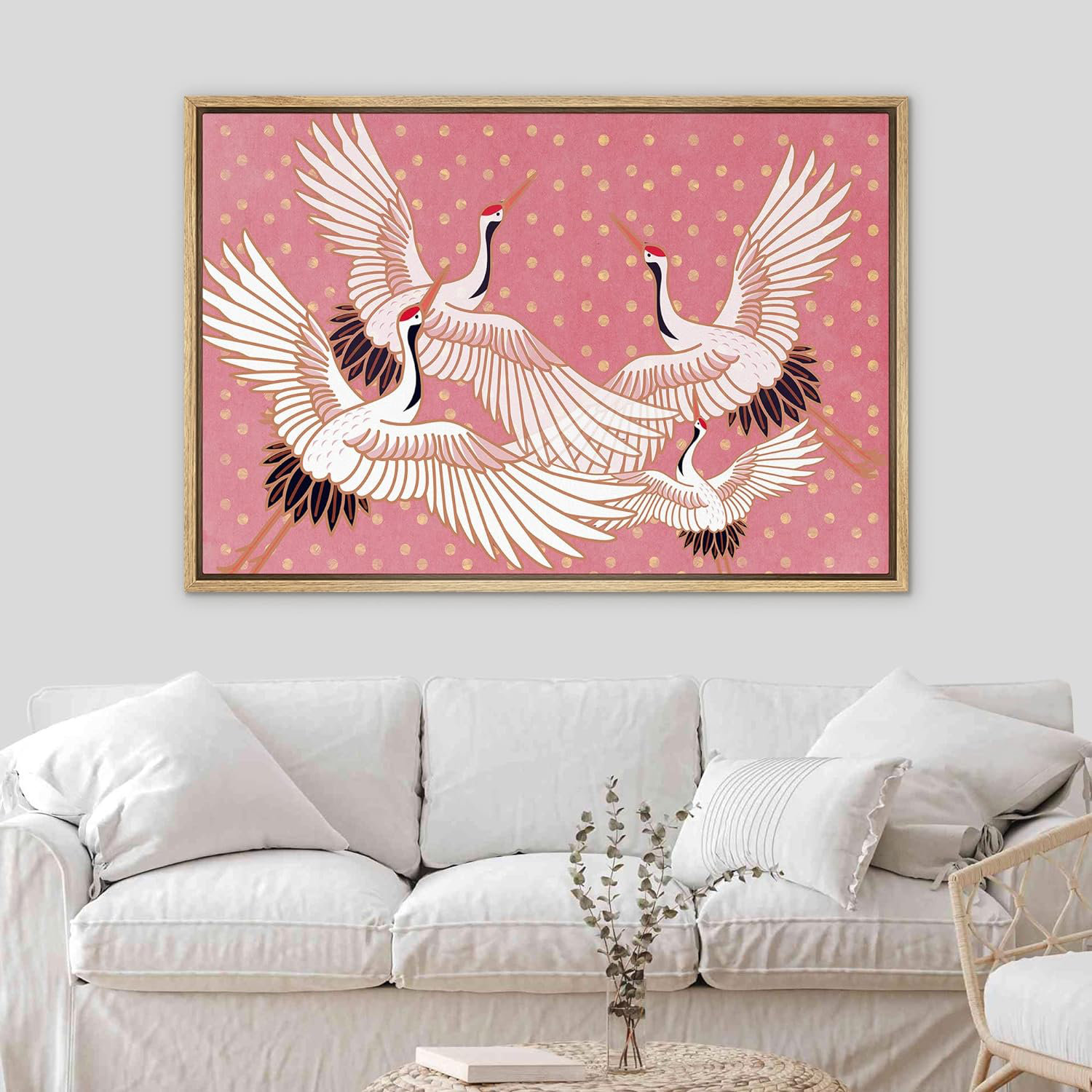 IDEA4WALL Framed Canvas Print Wall Art Preppy Room Decor Crane Bird Pattern Pink Polka Dot Animals Nature Decorative Multicolor Colorful Rustic for Li