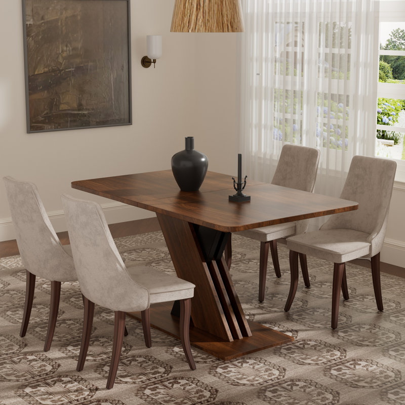 Rectangle Pedestal Dining Set with Rayon Cloth Flocking Fabric Dining Chairs Set, 5, Beige, Brown