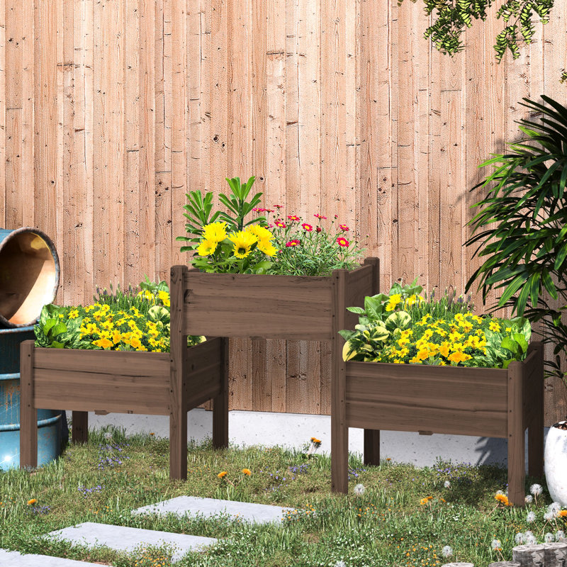 Lit surélevé pour plantes avec 3 boîtes, support en bois pour légumes, herbes, fleurs. Bois massif, trous de drainage, L 72,5 po x l 17,75 po x H 31,5 po, jardin 3 fleurs. Drainage,