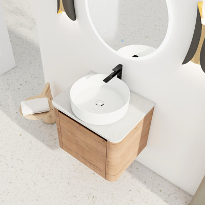 Meuble-lavabo mural de 24 po comprenant un lavabo d'art en céramique, une porte simple à fermeture en douceur, des rebords arrondis pour fermer le contreplaqué emballé et le style moderne