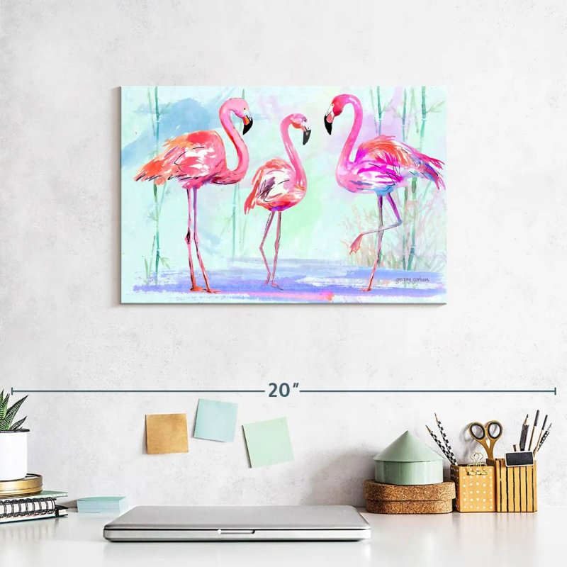Trio flamant rose Brampt sur fond bleu, H 8 po x l 12 po