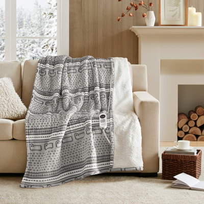 Couverture chauffante ultra-douce en peluche imprimée Sherpa gris mouton confortable 50x60" avec 12 niveaux de chaleur