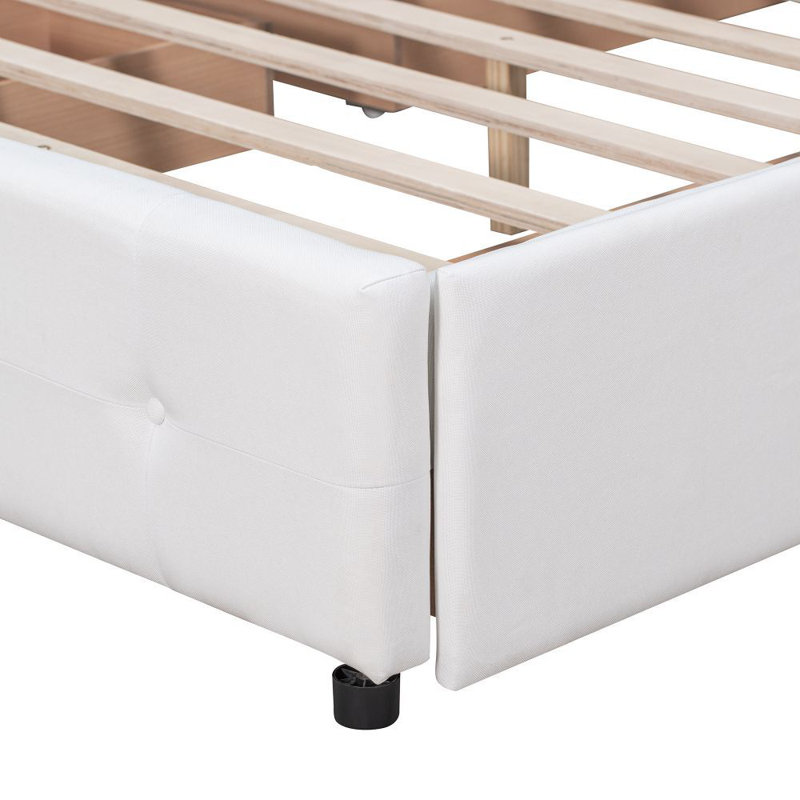 Lit plateforme tapissier Eural avec tête de lit classique et 4 tiroirs, aucun sommier nécessaire, tissu en lin, grand, Blanc