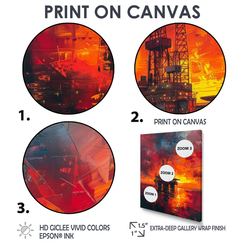 «Red Orange Orange Rig Sunrise Rodeo I», art mural, Toile avec cadre flottant or, H 12 po x l 20 po x P 1 po
