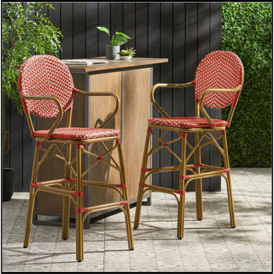 Ensemble de 2 tabourets de bar d'extérieur en osier et aluminium 29,5 po, rouge, finition bambou
