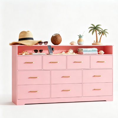 Commode 10 tiroirs pour chambre à coucher - Commode de 65 po de largeur avec lumières DEL et station de charge, grand meuble télé moderne avec tablette ouverte pour le salon, le vestibule, le couloir.