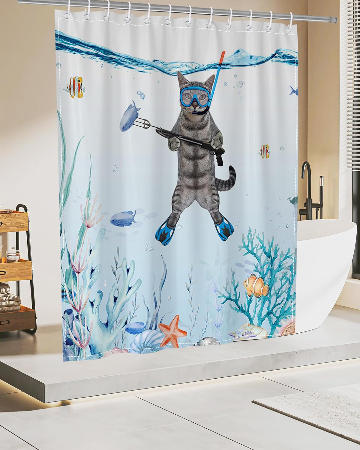 Trinx Funny Cat Shower Curtain Set Cute Blue Under Sea Ocean | Wayfair